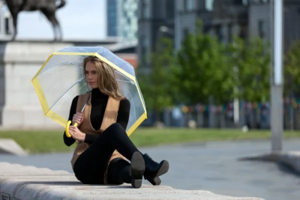 Clear Dome Umbrella Yellow Trim Lifestyle Close Up