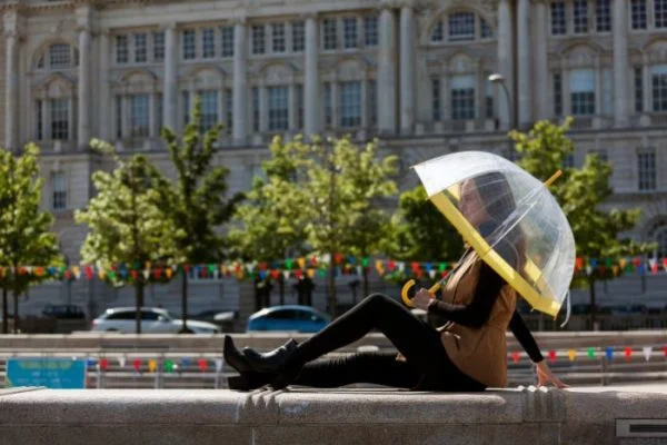 Clear Dome Umbrella Yellow Trim Lifestyle Side