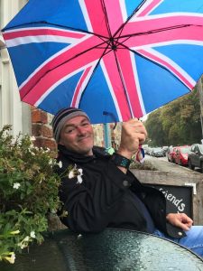 Tony McAlister with Union Jack umbrella
