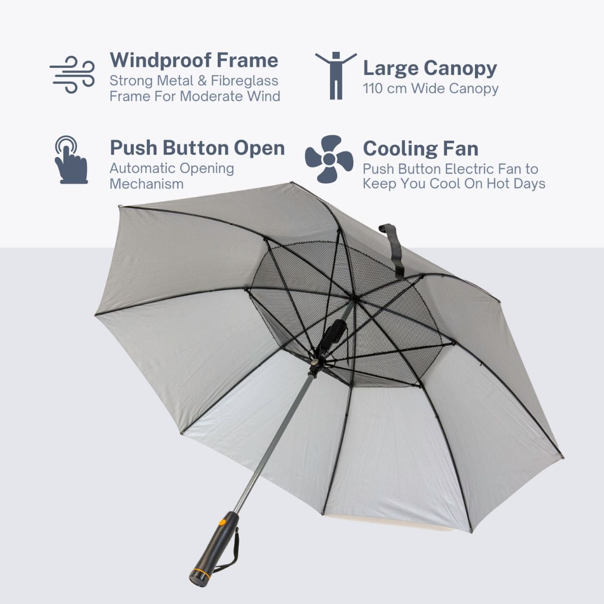 Fan Umbrella - Black UV Parasol with Built In Fan. Portable Cooling!