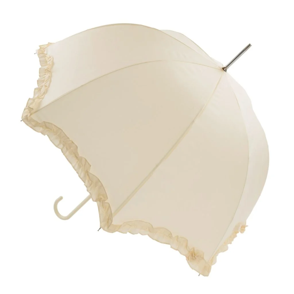 An Ivory Frilled Umbrella With A Scalloped Edge.