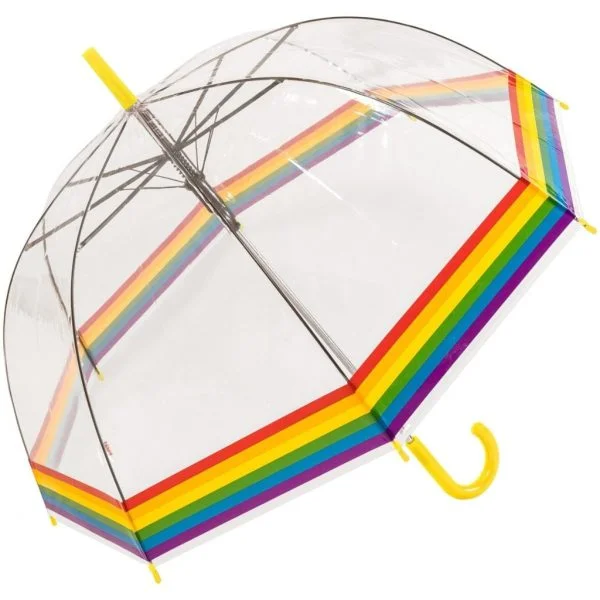 Rainbow Pattern Clear Umbrella With Yellow Handle Side View