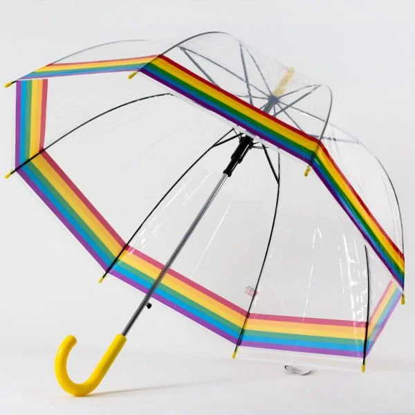 Rainbow Pattern Clear Umbrella Yellow Handle Viewed Open From Beneath