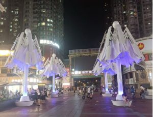 City square with folding Medina umbrellas